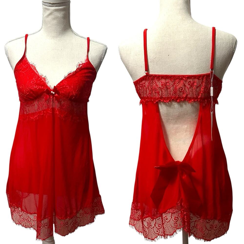 NEW‎ Lace Babydoll Lingerie Set Open Back Bow Chemise G-String Red L Honeymoon